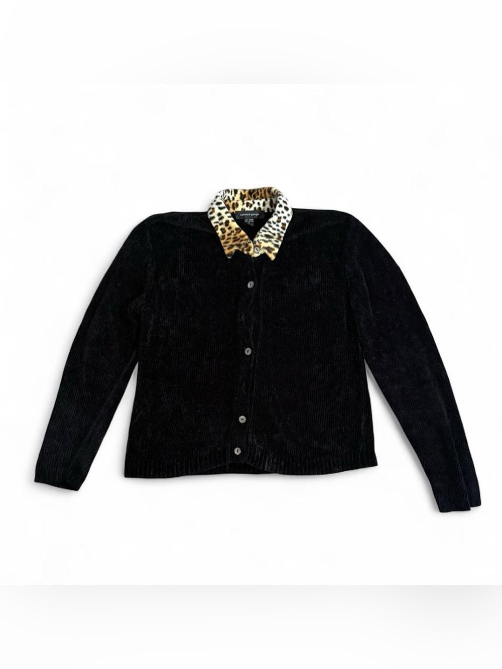 Vintage Cable & Gauge Black Chenille Cardigan S Faux Fur Leopard Collar Y2K